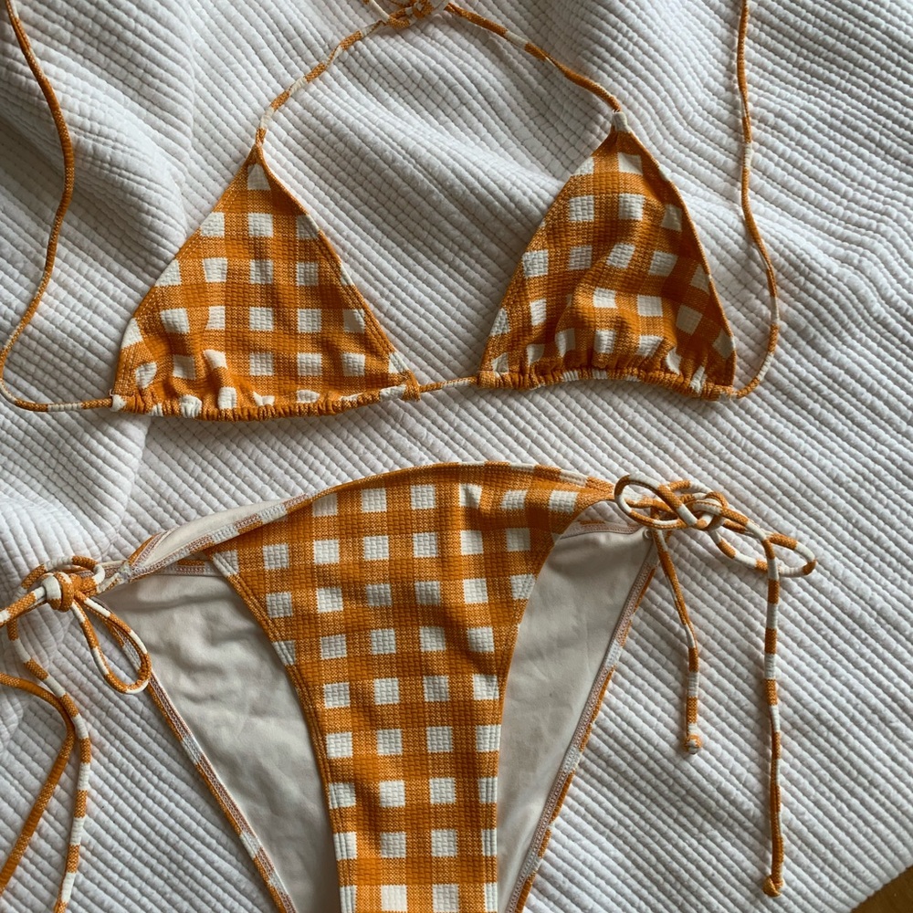Faithful the Brand Sundar Orange GinghamTie-Side Triangle Bikini Set - Picture 2 of 5